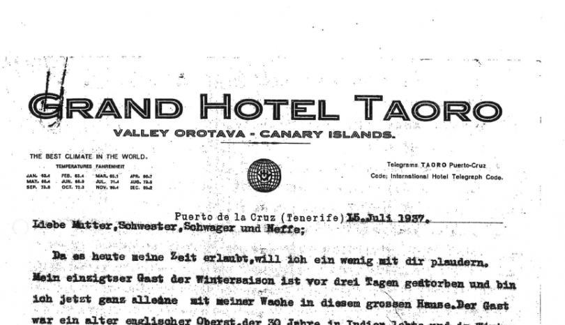 Carta de Enrique Talg Schulz, Gran Hotel Taoro 1937